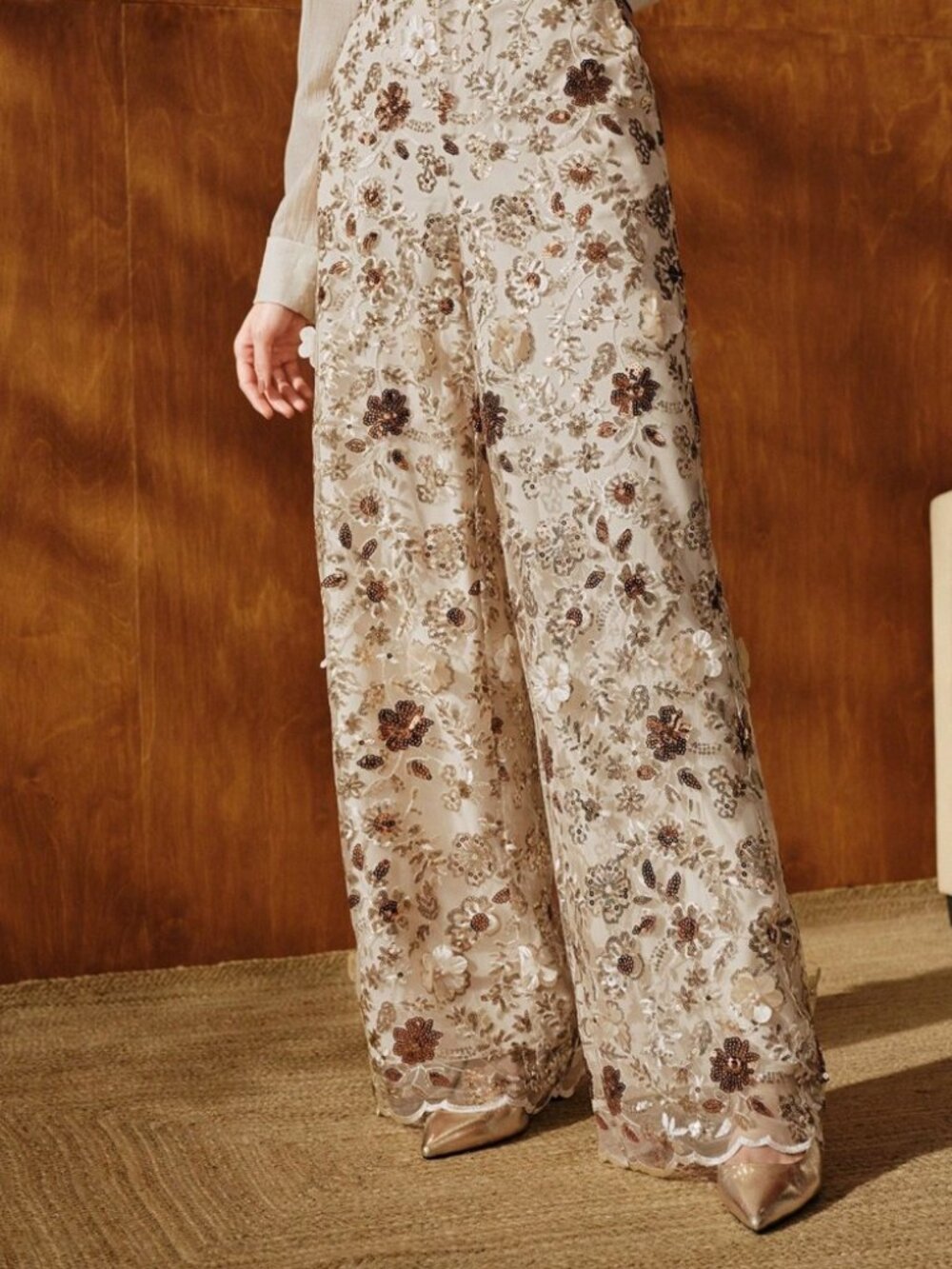 Cream Gold Sequin Floral Embellished Wide-Leg Pants
